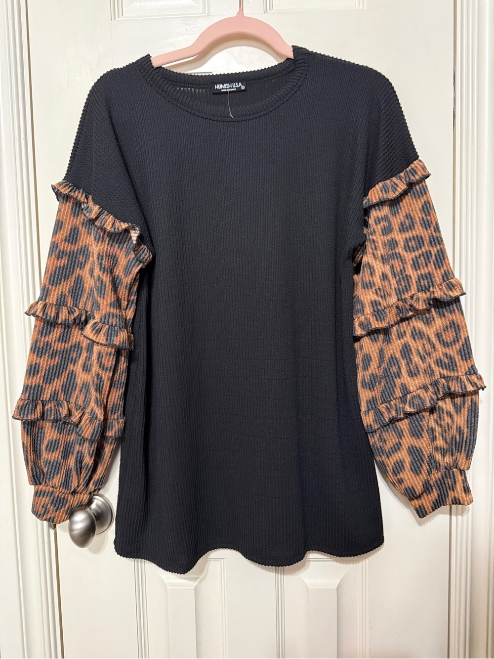 HEIMISH USA Black Waffle Knit Top with Leopard Ruffle Sleeves